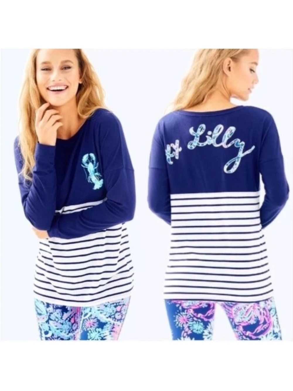 Lilly Pulitzer Finn Top Navy White Striped Lobster Graphic Long Sleeve Shirt XL